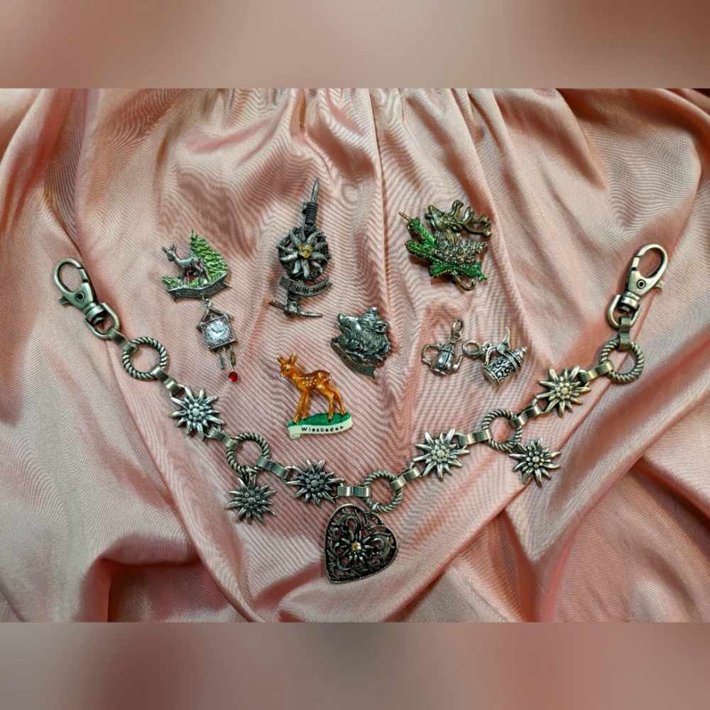 German dirndl charm chain and vintage mid-century German tourist pins.